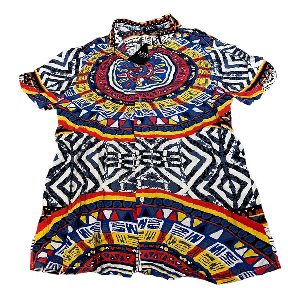 Boohoo Other - Boohoo Man Short Sleeve Retro Print Casual Button Up Collared Shirt Large New